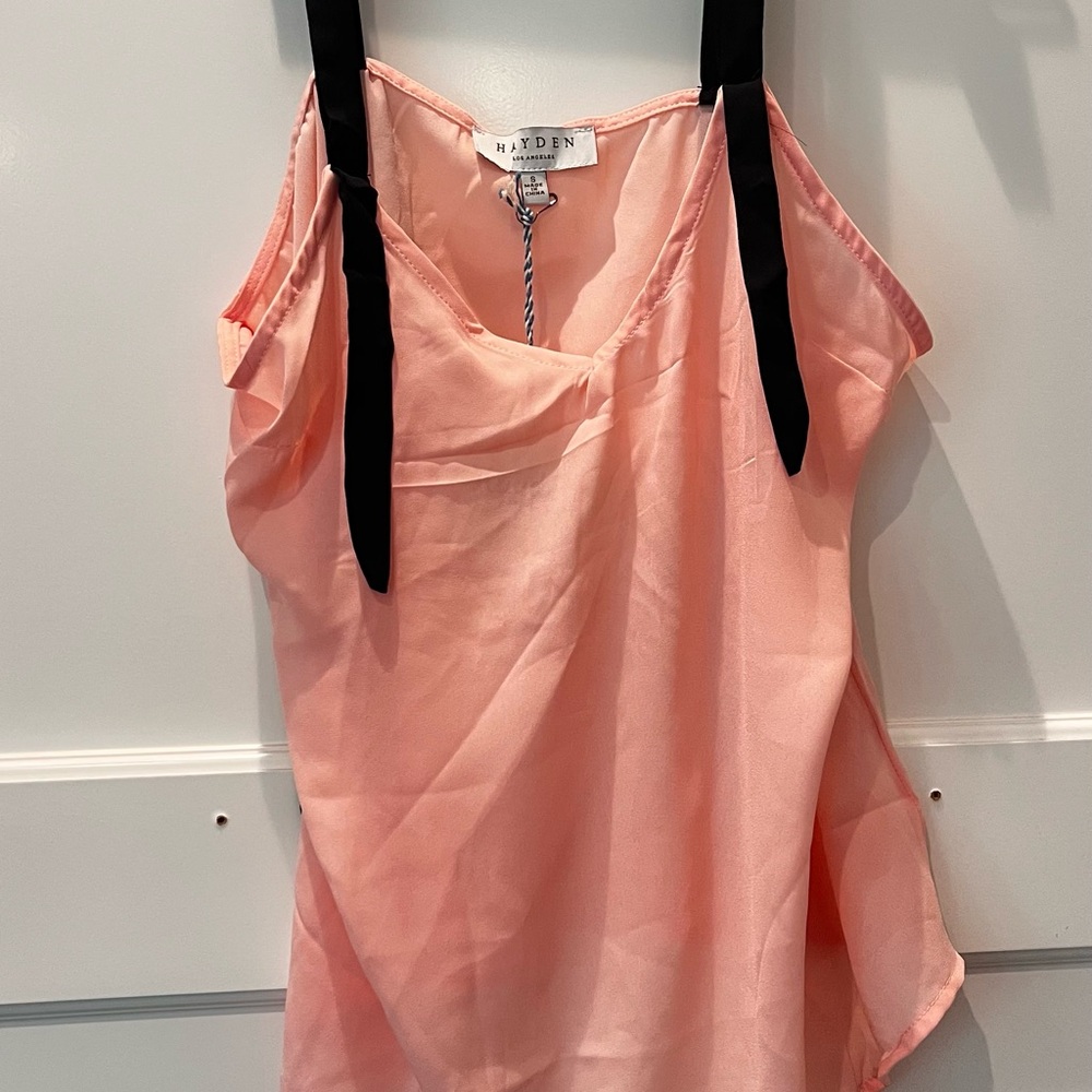Hayden Peach Satin V-Neck Cami with Black Strap Detail